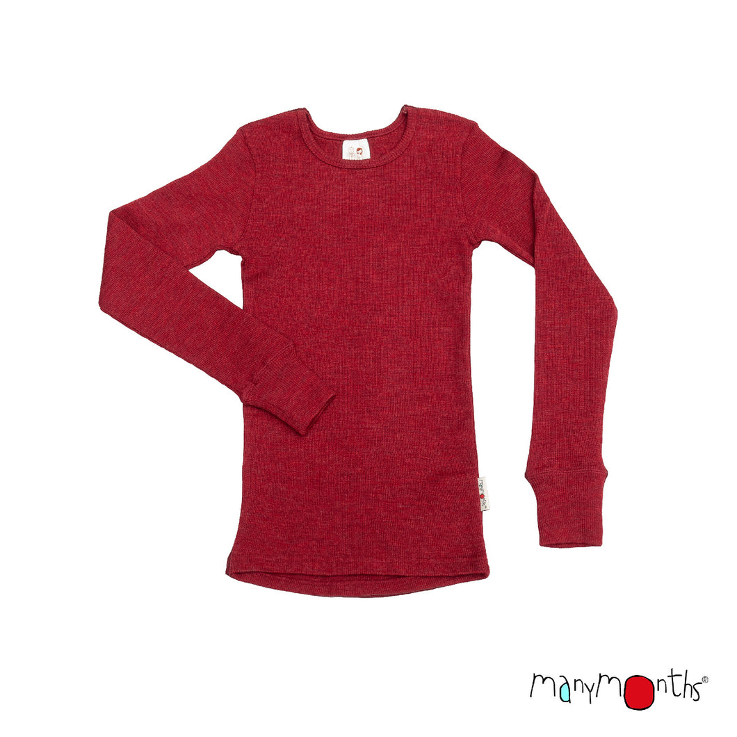 red merino wool base layer fitted long sleeve shirt with cuffs with 'manymonths' branding