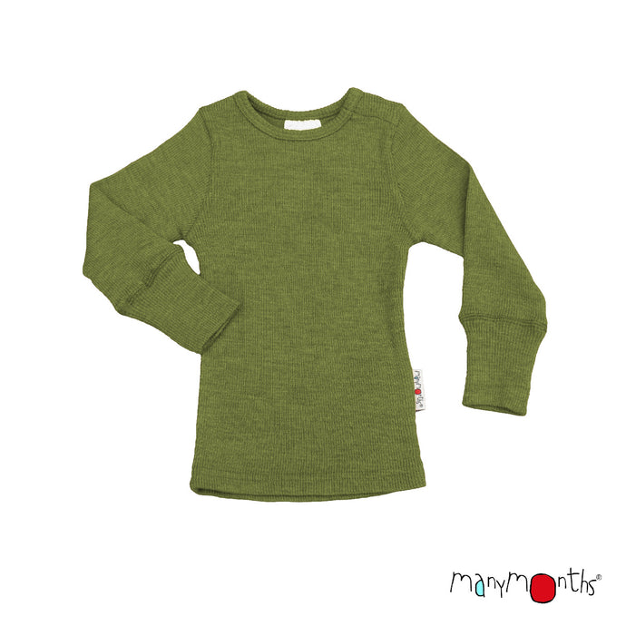 green merino wool base layer fitted long sleeve shirt with cuffs with 'manymonths' branding