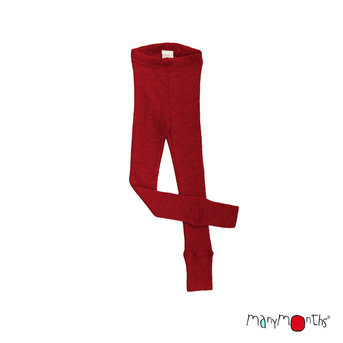 child's merino wool leggings with adjustable waist and foldable cuffs in red by 'manymonths' brand