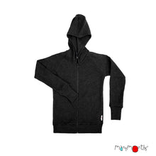 child's merino wool hooded zip up jacket in black ribbed knit melange fabric