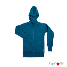 child's merino wool hooded zip up jacket in teal ribbed knit melange fabric