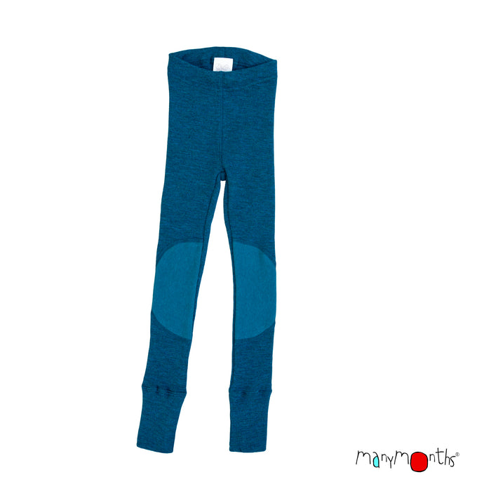 child's merino wool leggings with hemp and organic cotton knee patches with adjustable waist and foldable cuffs in teal by 'manymonths' brand
