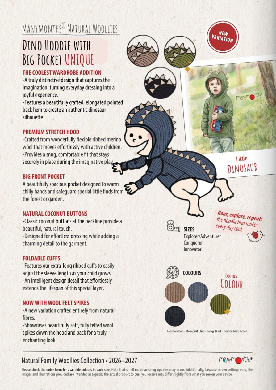 PREORDER Dino Hoodie with Big Pocket and Pointed Back Hem (Boiled Wool Spikes)