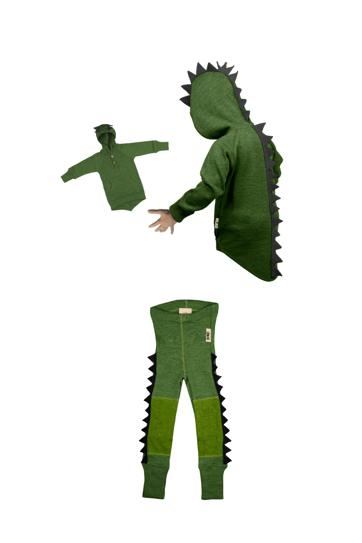 Merino Wool Dino Set with Hoodie and Dino Leggins with Knee Patches in green color by ManyMonths