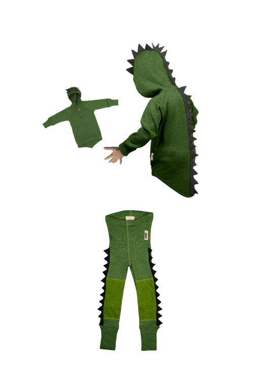 Merino Wool Dino Set with Hoodie and Dino Leggins with Knee Patches in green color by ManyMonths