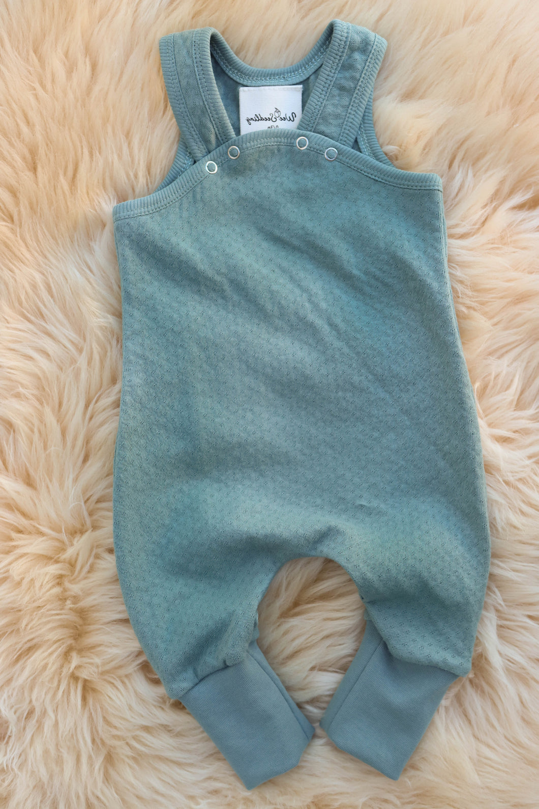 Organic Pima Cotton Cloth Diaper Overall Dungarees Romper on Sheep skin rug Wee Seedling
