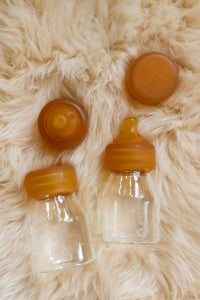 Quoddle Baby Mini Quoddle Glass Baby Bottle Natural Rubber Teat Nipple Nursing on Sheep skin rug