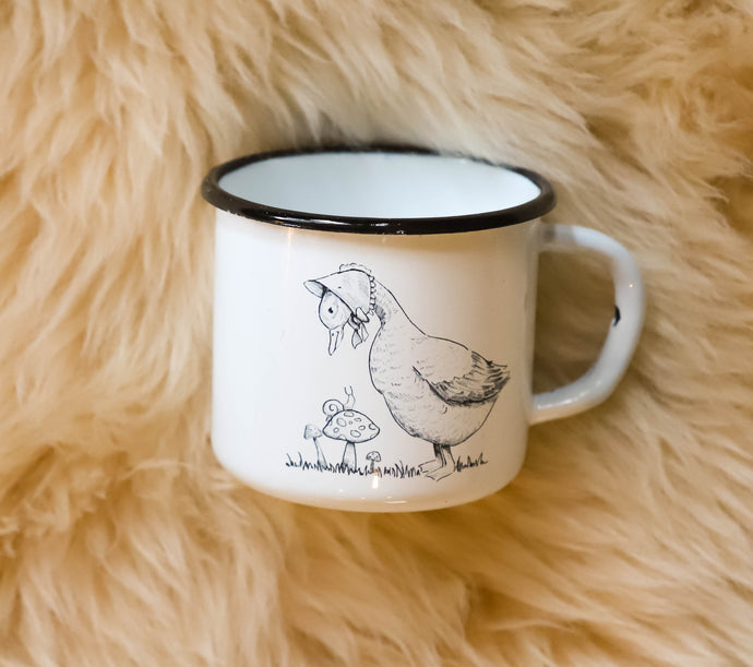 Enamelware enamel mug white with black rim and mother goose art