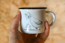 Enamelware enamel mug white with black rim and mother goose art